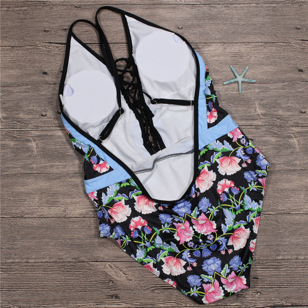 Floral print hot spring one piece swimsuit trendy