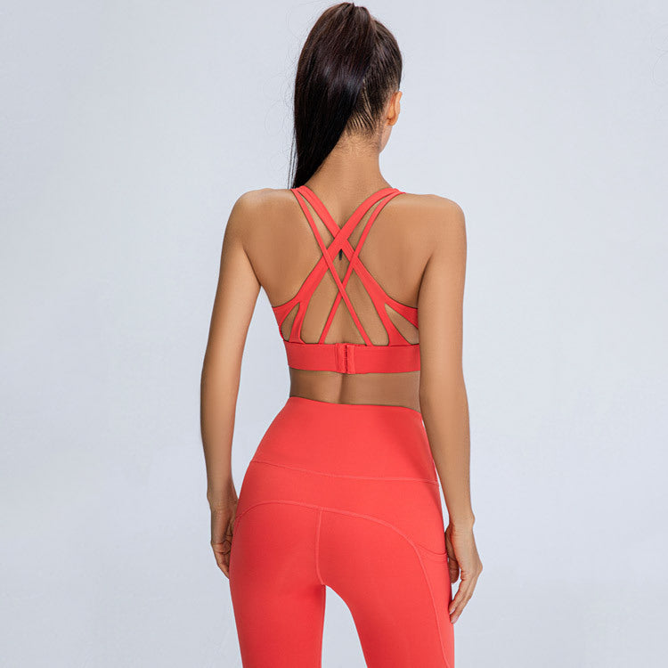 Shock-proof Gathered Bra Pockets Hip-lifting Peach Trousers Running Yoga Fitness Suit trendy