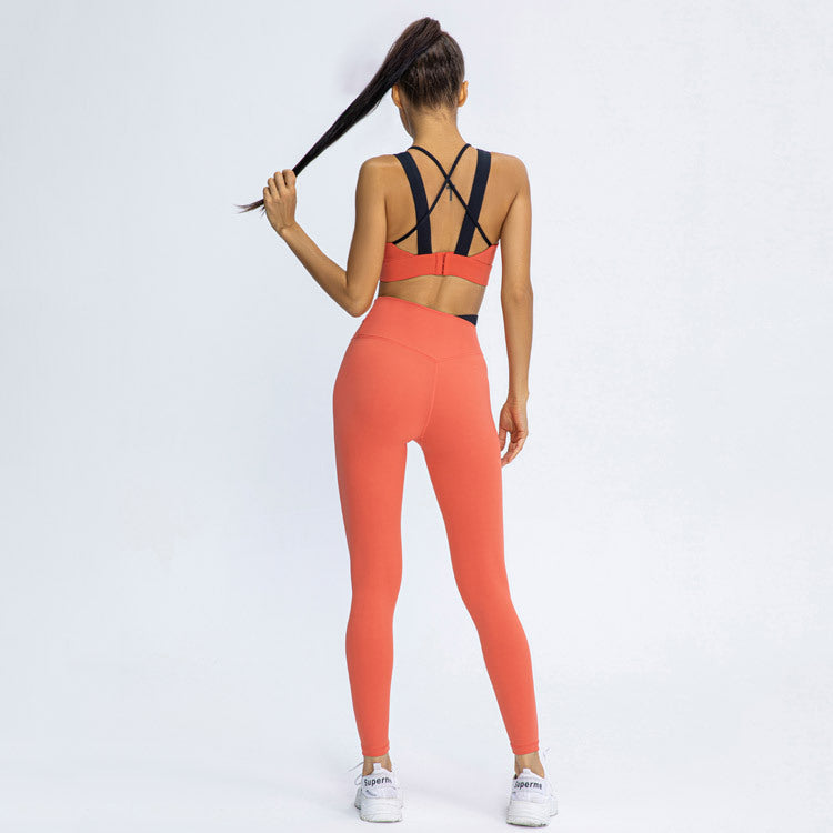 Contrasting trendy Color Shockproof Gathered Bra Hips Peach Trousers Running Yoga Fitness Suit