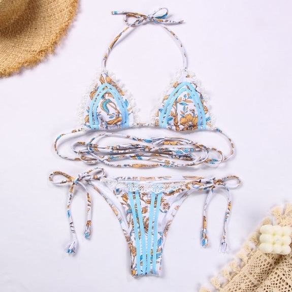 Women's Two-piece Swimsuit Sexy Ribbon Stitching Lace Strap Printing Bikini trendy