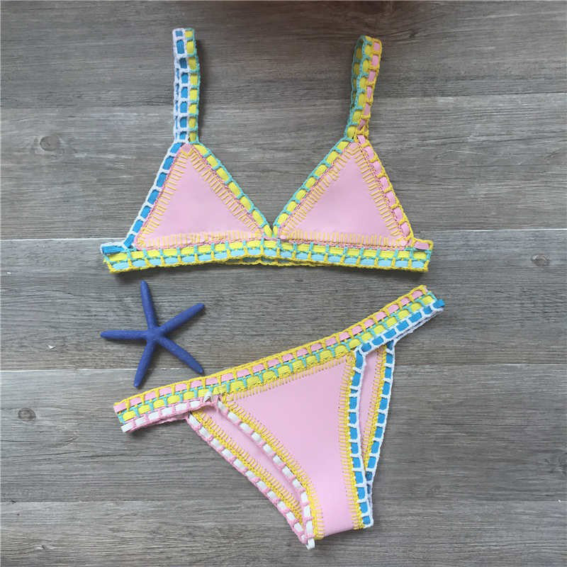 European & American Sexy Hand Crochet Colorful Bikini Set - Spell Color Rubber Ladies Knitted Swimwear for Wholesale