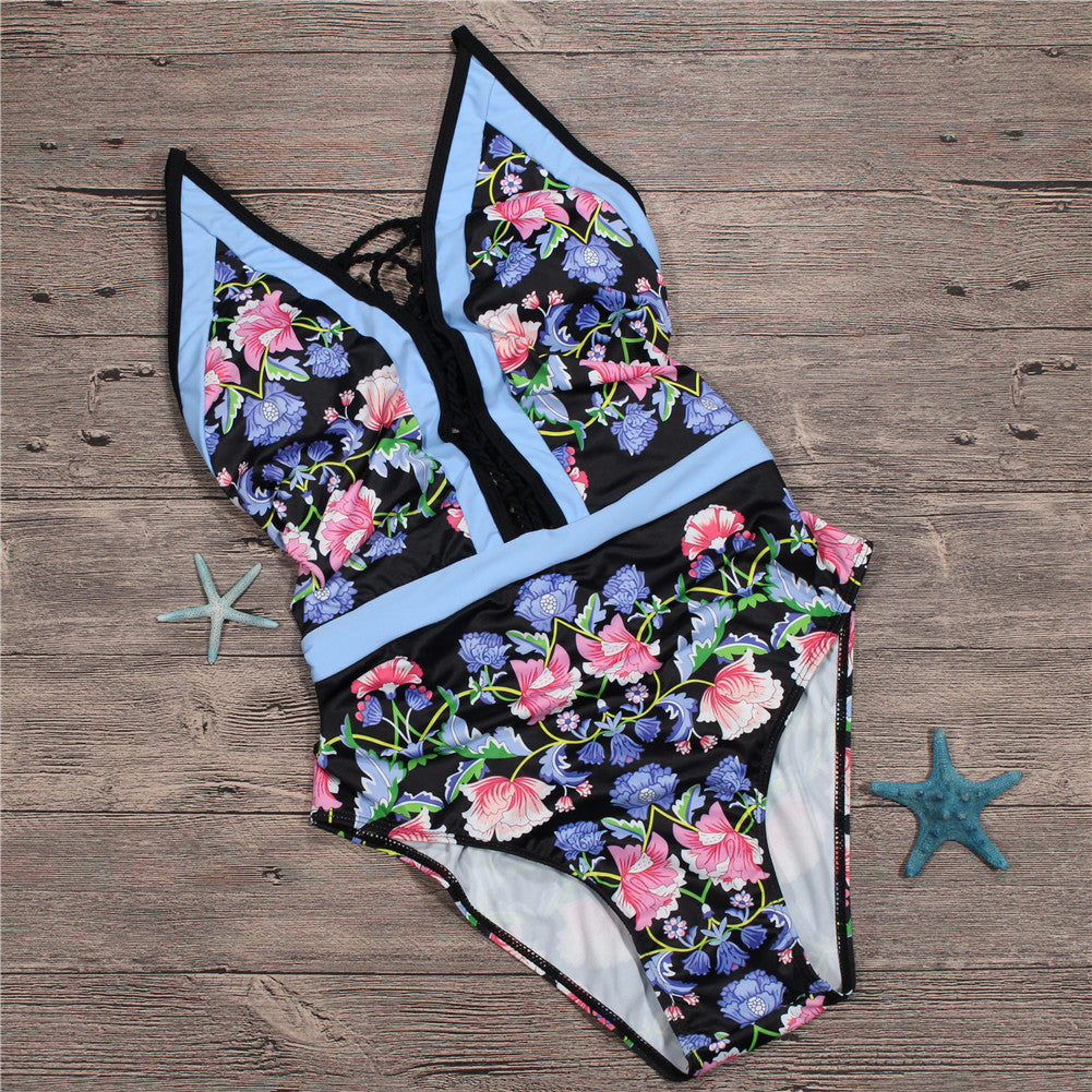 Floral print hot spring one piece swimsuit trendy