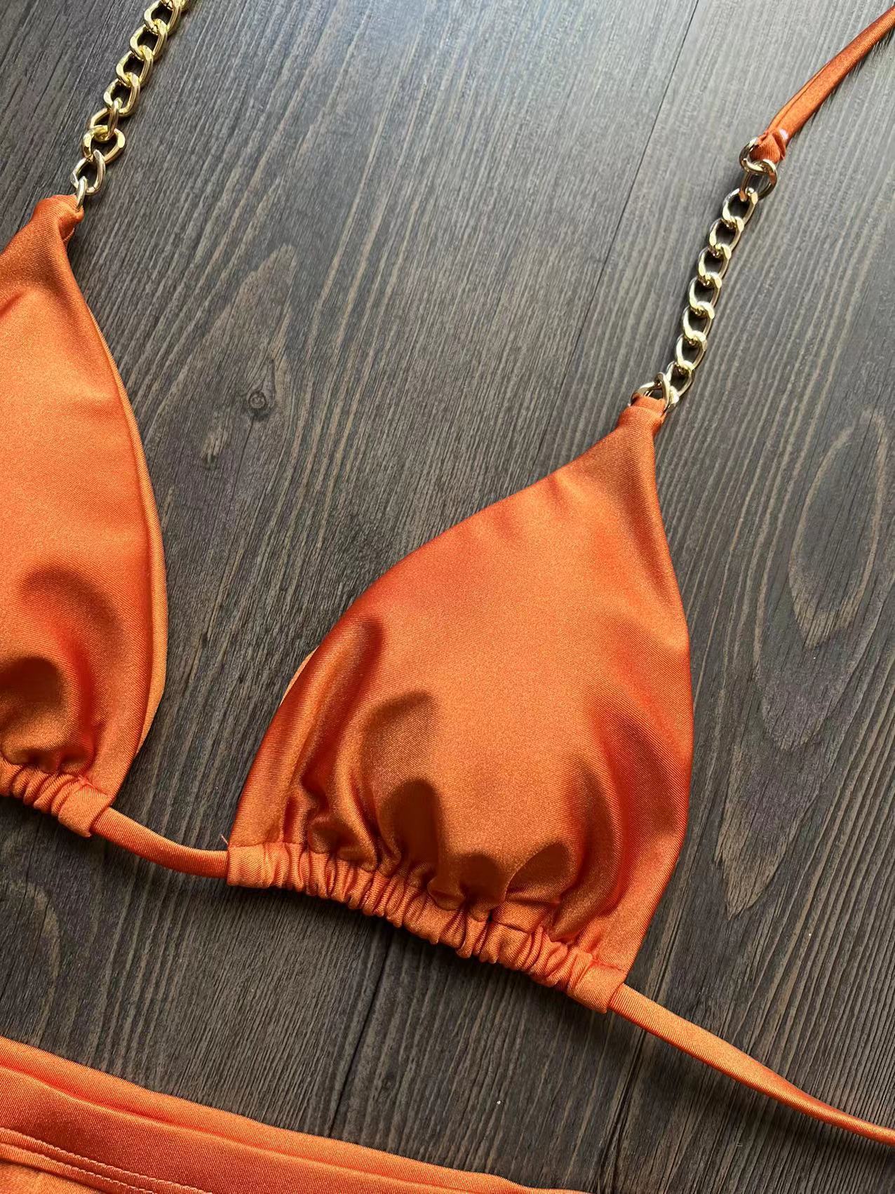 Metal Chain Two-piece Swimsuit Pure Color Women's Bikini trendy