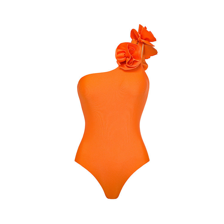 Chic Oblique Shoulder Flower One-Piece Swimsuit with Skirt