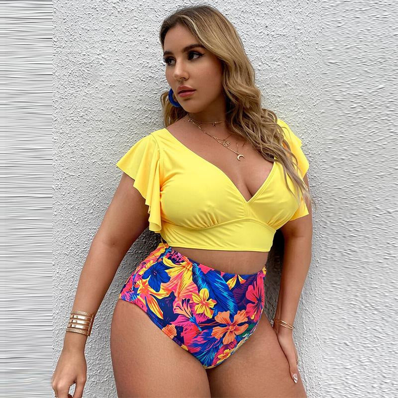 Split Bikini Gathering Ruffle Print High Waist Swimsuit Women trendy
