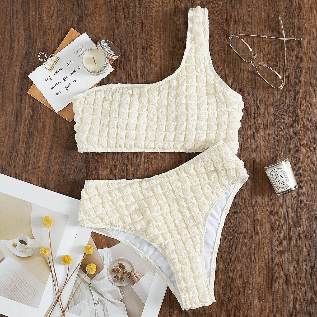 New Solid Color Women's One Shoulder High Waist Split Swimsuit trendy