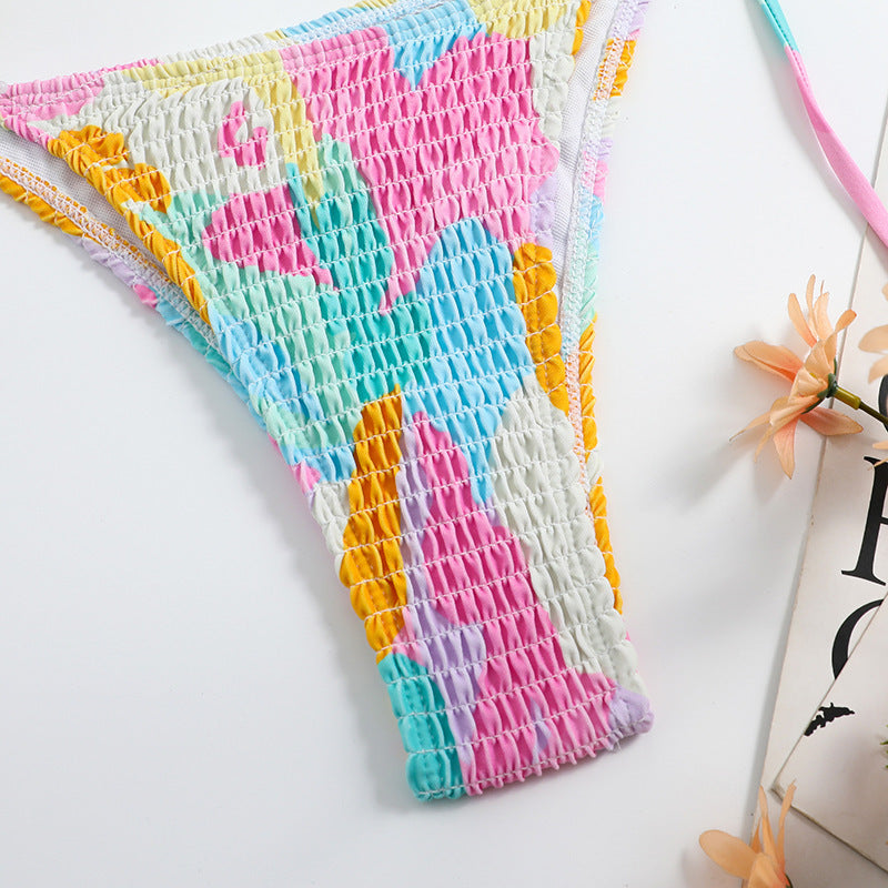Triangle Bag Bikini Women's Split Printed Smocking Craft Swimming Suit