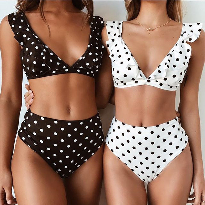 2PCS Polka Dot Bikini Set - Black & White | Ruffled Deep V-Neck Swimsuit | Sexy Summer Beachwear