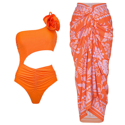 Chic Oblique Shoulder Flower One-Piece Swimsuit with Skirt