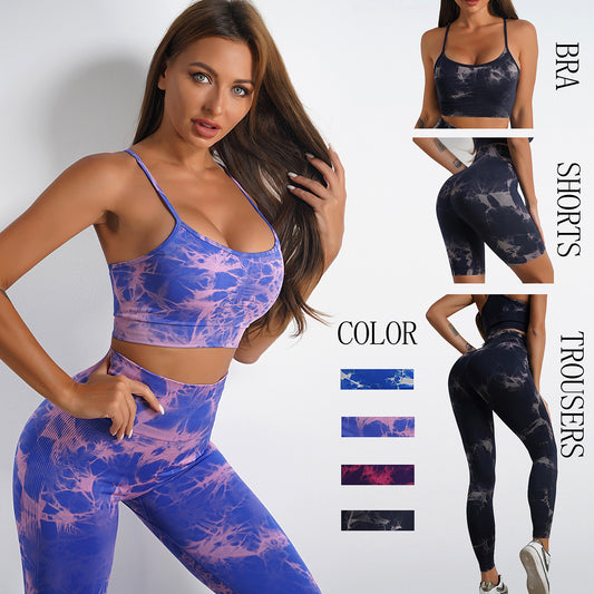 Women's Tie-dye Print Yoga Suit Women Fitness Sports High Waist Trousers Or Shorts Set trendy