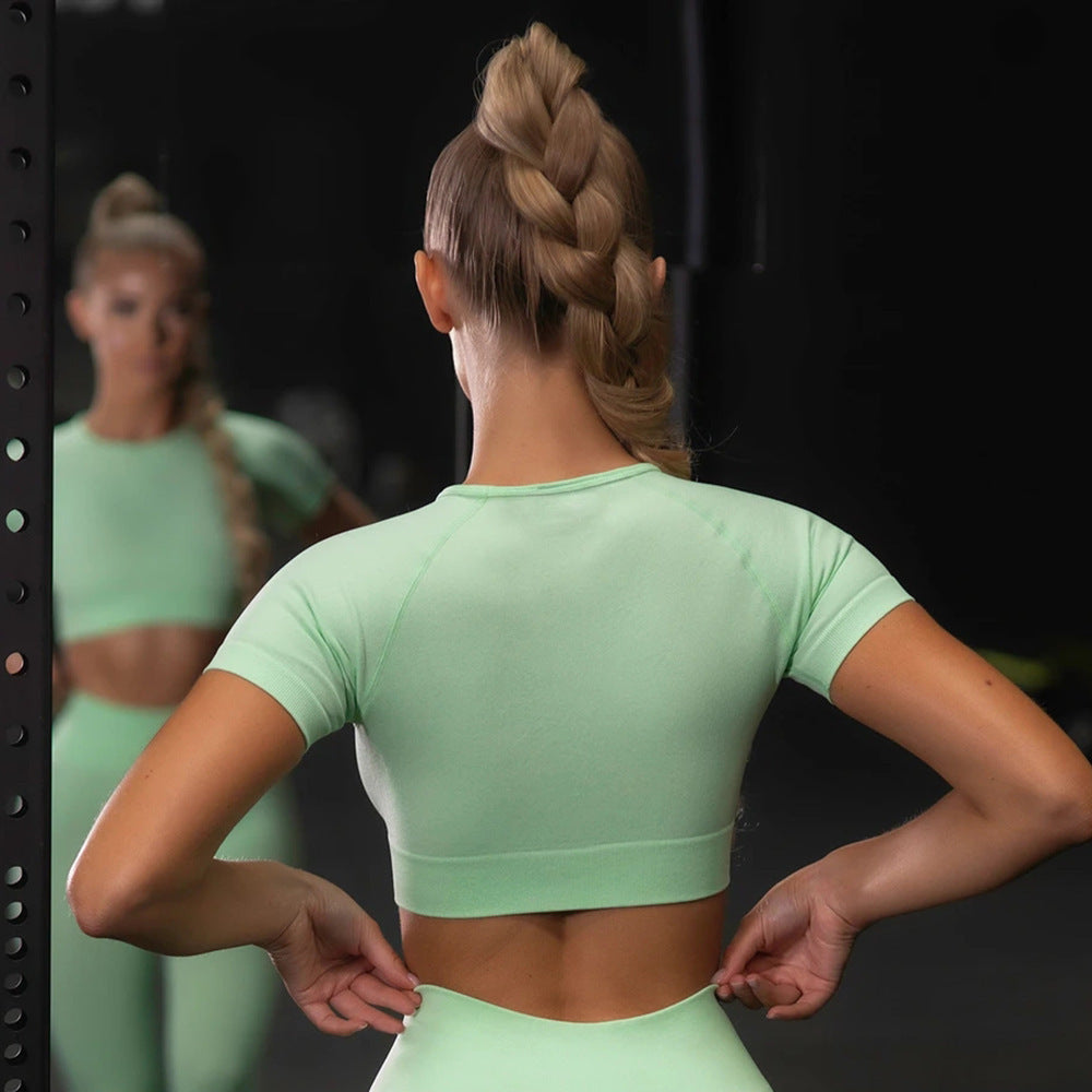 Seamless Yoga Sport Set Fitness Women Running Leggings Short Sleeve Tops trendy