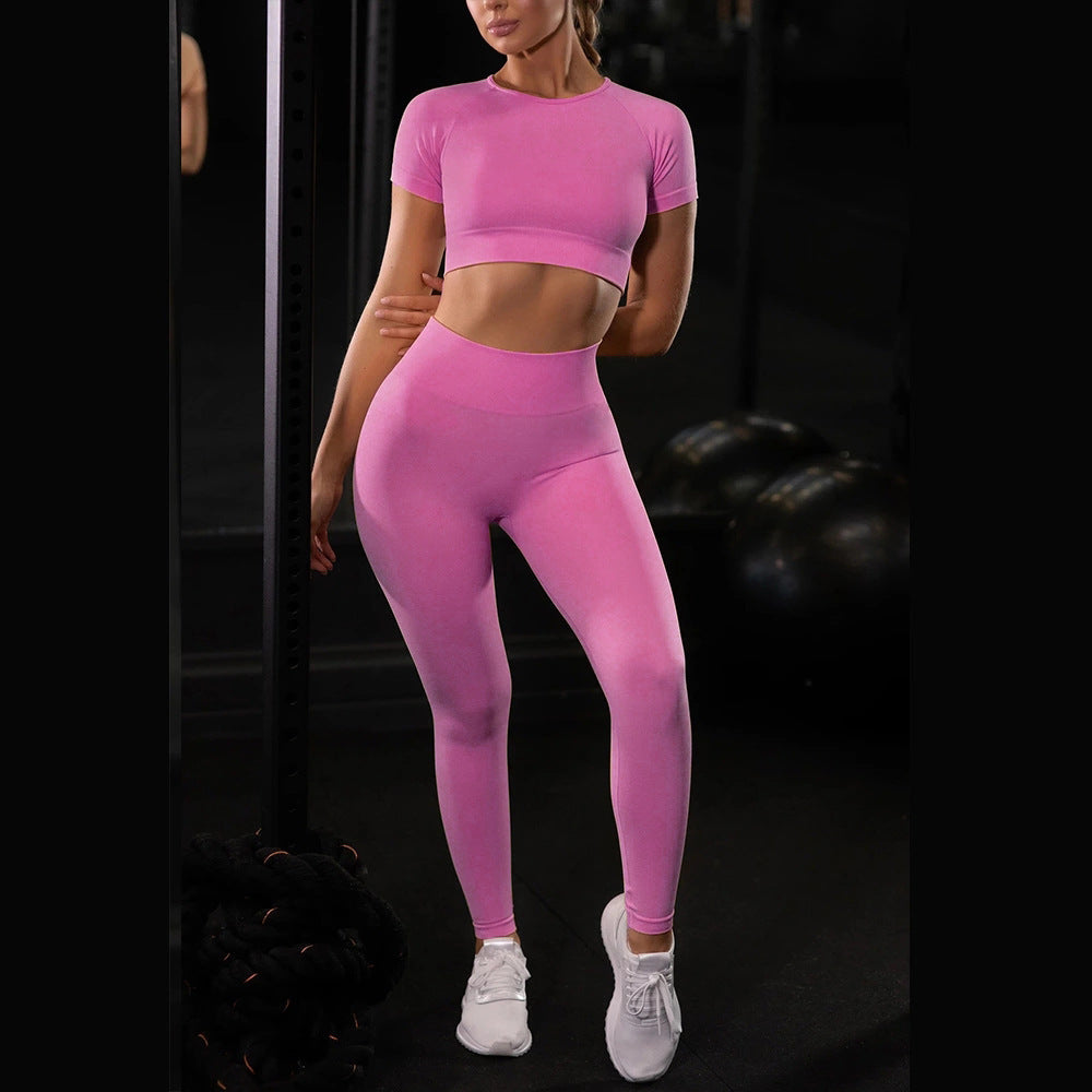 Seamless Yoga Sport Set Fitness Women Running Leggings Short Sleeve Tops trendy