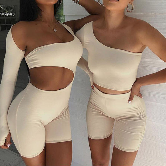 Women Tight Fitness Yoga Suits Off Shoulder Tops And Shorts Tops 2pcs Set trendy