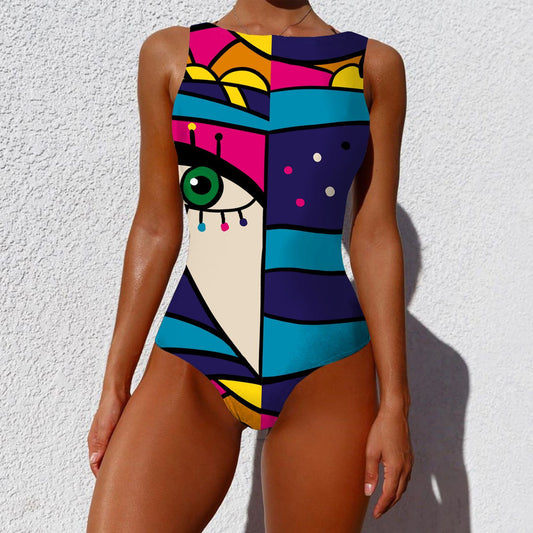 Vintage Abstract Print Push-Up Swimsuit | Stylish One-Piece Bikini for Women