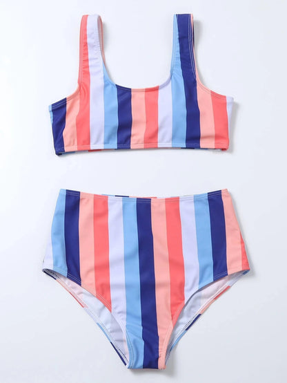 Striped Print Bikini High Waist Swimsuit trendy