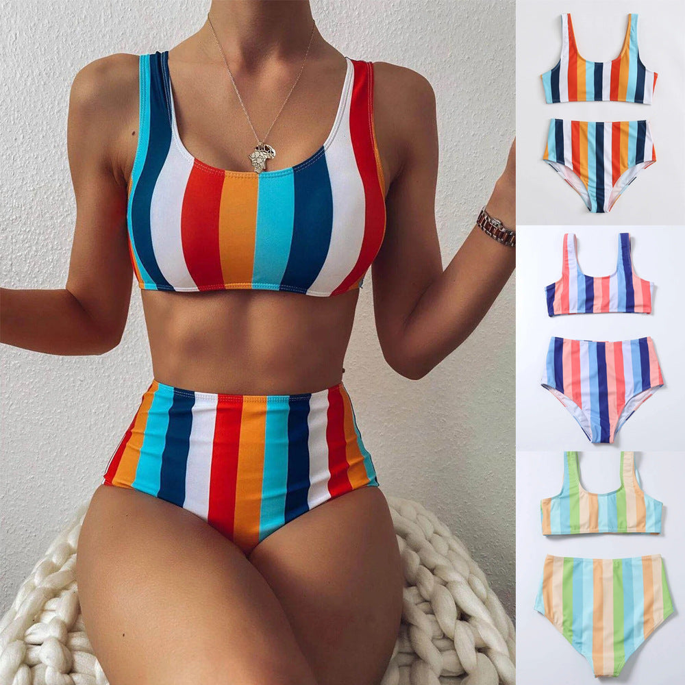 Striped Print Bikini High Waist Swimsuit trendy