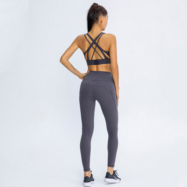 Shock-proof Gathered Bra Pockets Hip-lifting Peach Trousers Running Yoga Fitness Suit trendy
