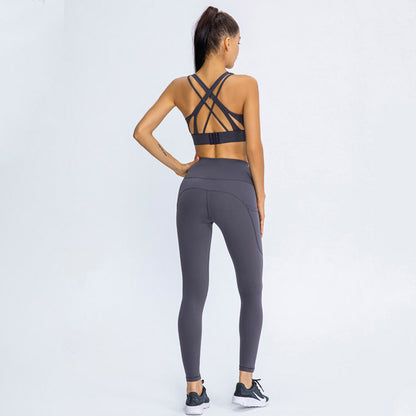Shock-proof Gathered Bra Pockets Hip-lifting Peach Trousers Running Yoga Fitness Suit trendy