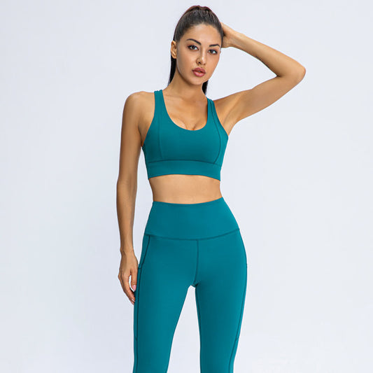 Shock-proof Gathered Bra Pockets Hip-lifting Peach Trousers Running Yoga Fitness Suit trendy