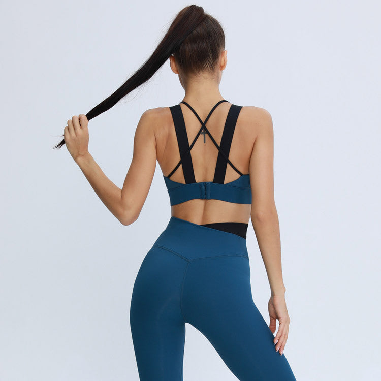 Contrasting trendy Color Shockproof Gathered Bra Hips Peach Trousers Running Yoga Fitness Suit