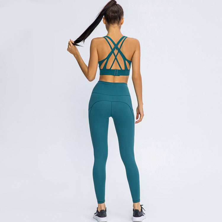Shock-proof Gathered Bra Pockets Hip-lifting Peach Trousers Running Yoga Fitness Suit trendy