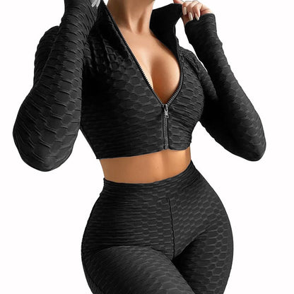 European And American Women's Yoga Clothes Fitness Solid trendy Color Long-sleeved Leisure Sports Suit Women
