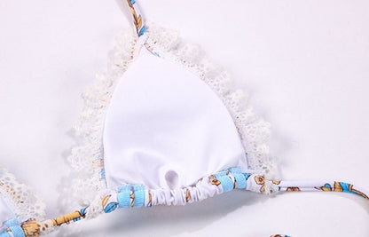 Women's Two-piece Swimsuit Sexy Ribbon Stitching Lace Strap Printing Bikini trendy