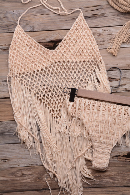 Hand-Woven Beach Hollow Tassel Split Swimsuit Set