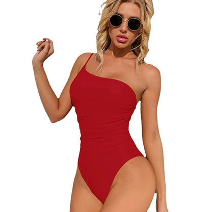 One Shoulder Solid One Piece Swimsuit trendy