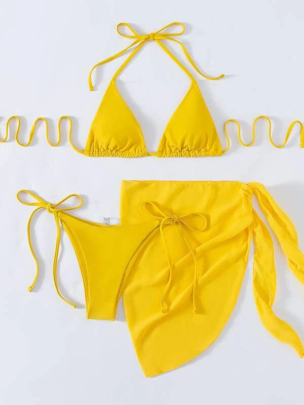 European & American Solid Color Triangle Cup Lace-up Bikini Set – Trendy Three-Piece Swimsuit