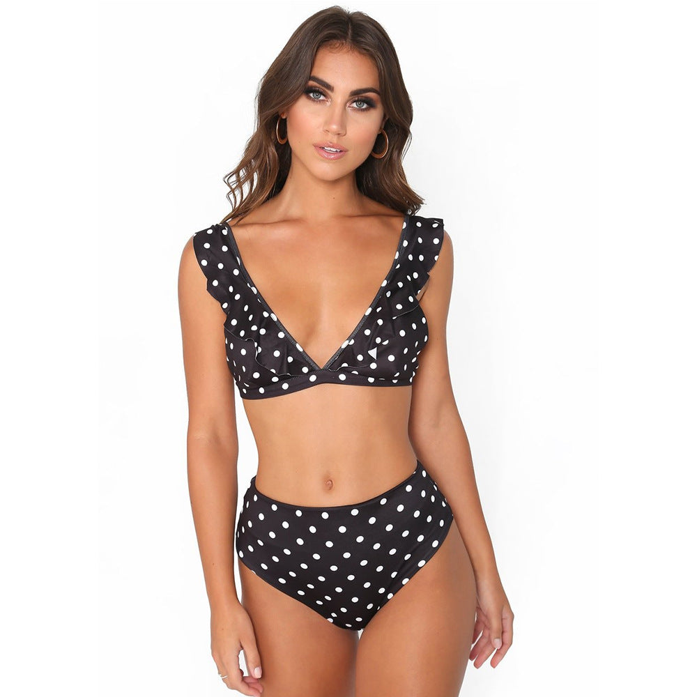 2PCS Polka Dot Bikini Set - Black & White | Ruffled Deep V-Neck Swimsuit | Sexy Summer Beachwear