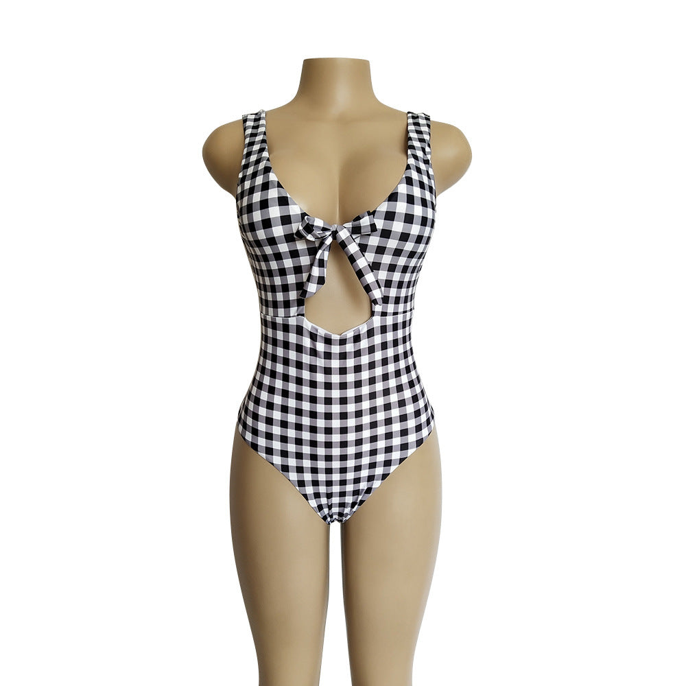 Stylish Check Tie Ladies One-Piece Swimsuit – Perfect for Beach & Pool Days