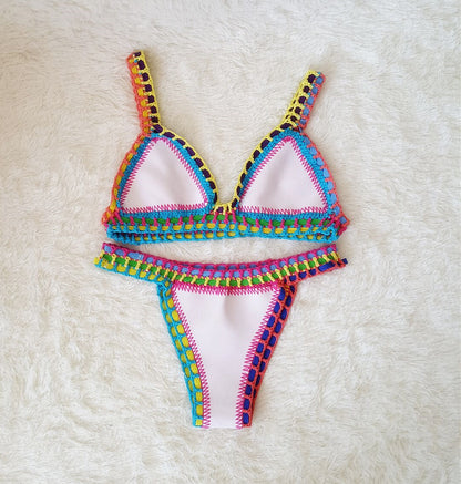 European & American Sexy Hand Crochet Colorful Bikini Set - Spell Color Rubber Ladies Knitted Swimwear for Wholesale
