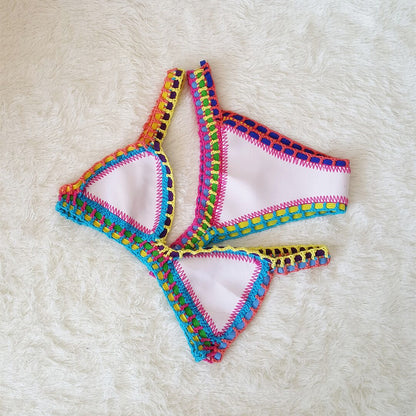 European & American Sexy Hand Crochet Colorful Bikini Set - Spell Color Rubber Ladies Knitted Swimwear for Wholesale