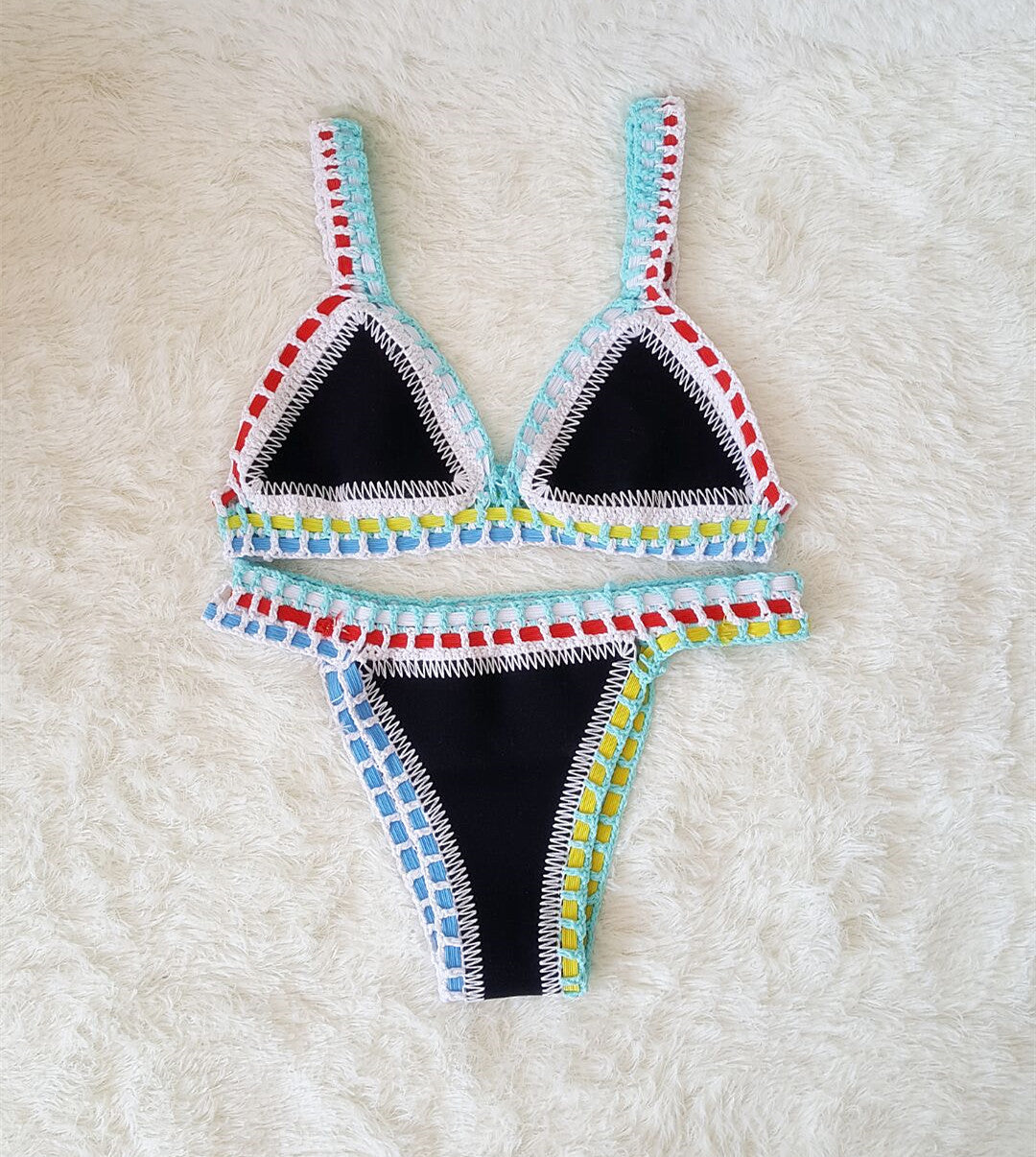 European & American Sexy Hand Crochet Colorful Bikini Set - Spell Color Rubber Ladies Knitted Swimwear for Wholesale
