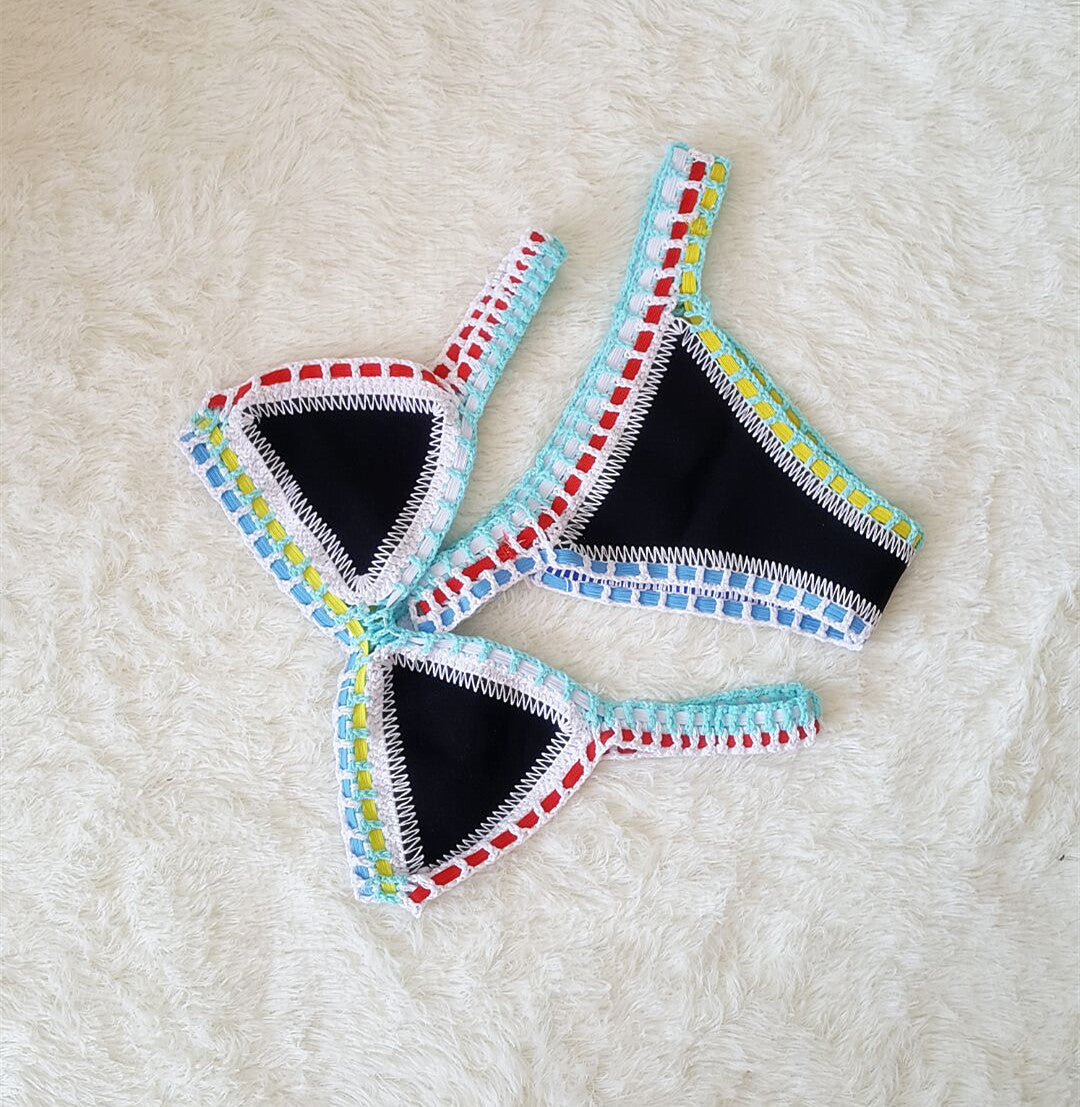 European & American Sexy Hand Crochet Colorful Bikini Set - Spell Color Rubber Ladies Knitted Swimwear for Wholesale
