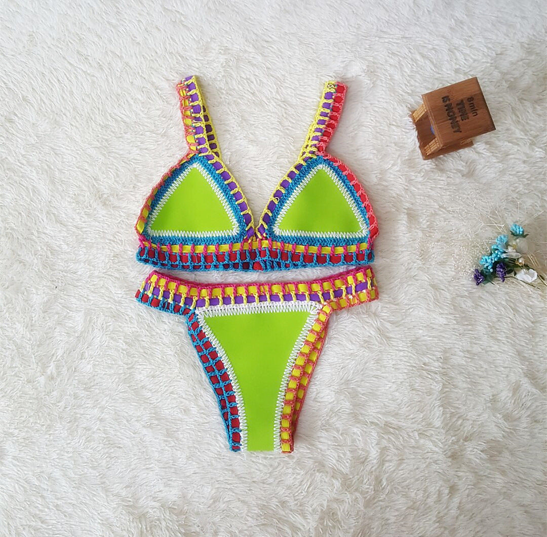 European & American Sexy Hand Crochet Colorful Bikini Set - Spell Color Rubber Ladies Knitted Swimwear for Wholesale