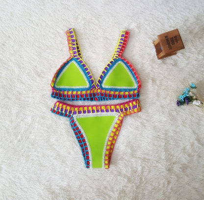 European & American Sexy Hand Crochet Colorful Bikini Set - Spell Color Rubber Ladies Knitted Swimwear for Wholesale