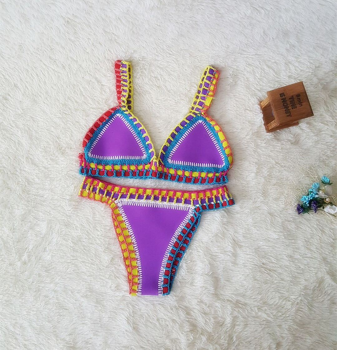 European & American Sexy Hand Crochet Colorful Bikini Set - Spell Color Rubber Ladies Knitted Swimwear for Wholesale