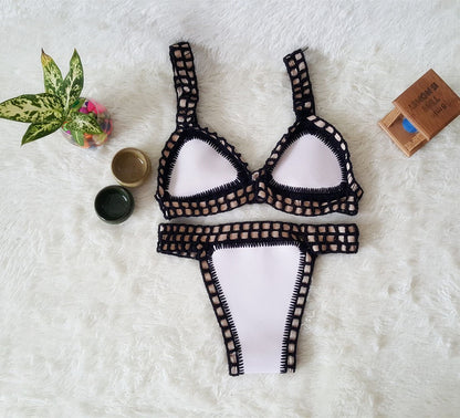 European & American Sexy Hand Crochet Colorful Bikini Set - Spell Color Rubber Ladies Knitted Swimwear for Wholesale