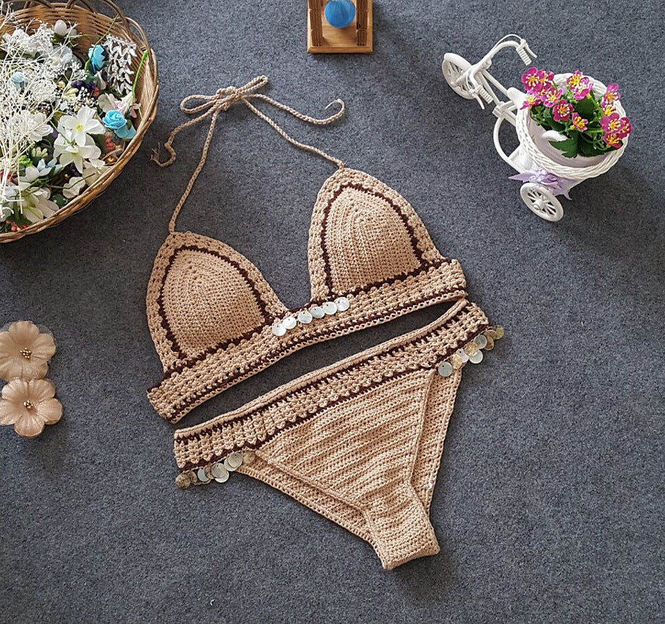 New Knitted Bikini Set – Sexy Mermaid Shell Beach Swimsuit, Europe & America Style Split Swimwear