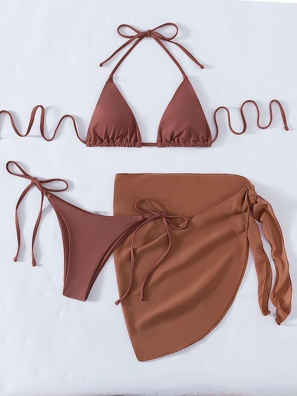 European & American Solid Color Triangle Cup Lace-up Bikini Set – Trendy Three-Piece Swimsuit