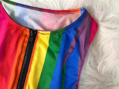 Conservative Zipper Split Swimsuit Two-piece Rainbow Stripes trendy