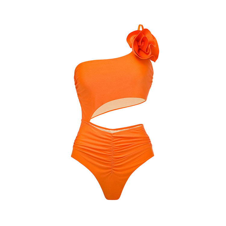 Chic Oblique Shoulder Flower One-Piece Swimsuit with Skirt