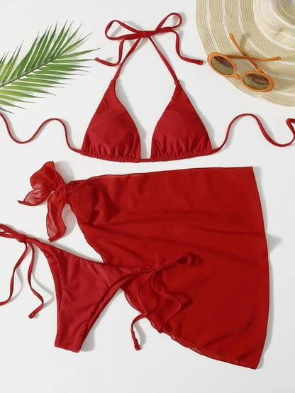European & American Solid Color Triangle Cup Lace-up Bikini Set – Trendy Three-Piece Swimsuit