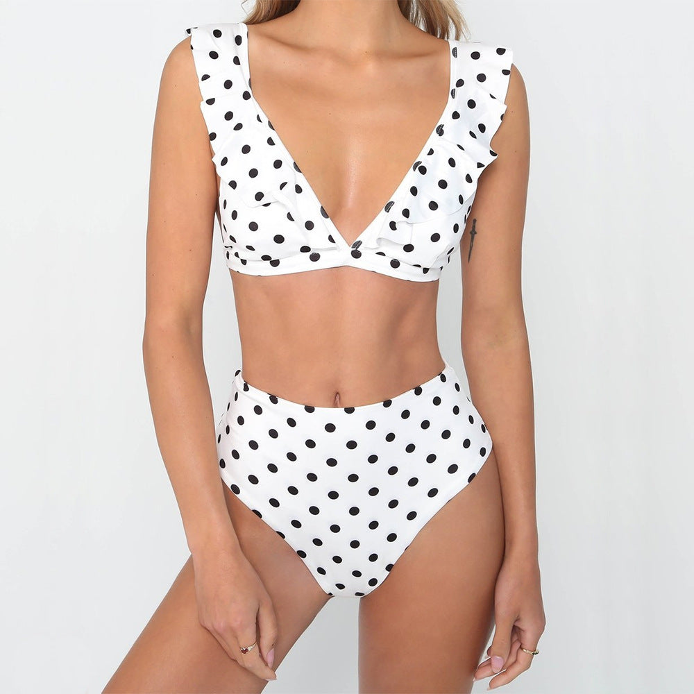 2PCS Polka Dot Bikini Set - Black & White | Ruffled Deep V-Neck Swimsuit | Sexy Summer Beachwear
