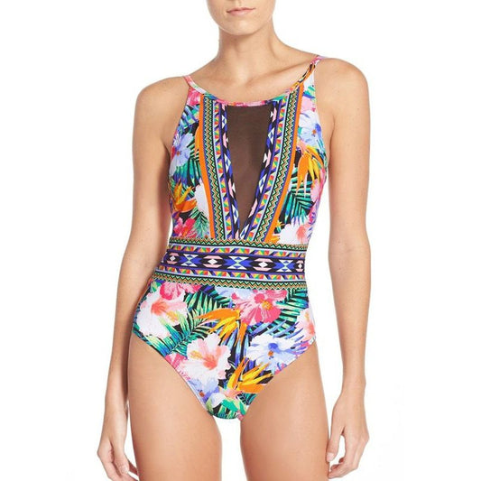 Sexy Mesh One Piece Swimsuit - High Cut Swimwear Women Floral Bathing Suit Patchwork Bikini