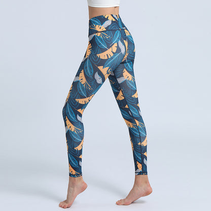 Fashion Leaves Printed Yoga Pants trendy Women's High Waist Hip Lifting Sports Fitness Leggings