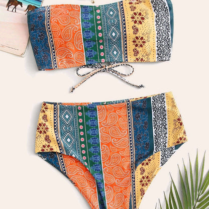 Women's Printed Bikini Split Tie High Waist Swimsuit