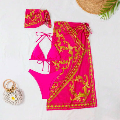 Vintage Print Lace-up Bikini Swimsuit Three-piece Suit trendy